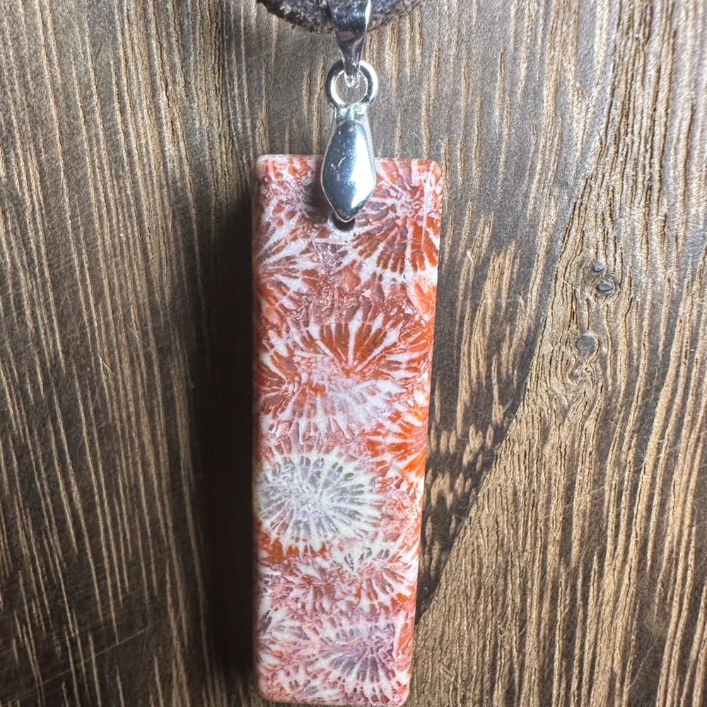 Dark Orange Coral Fossil Thin Rectangle Pendant Necklace on Brown Suede - Picture 7 of 13